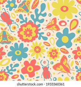 Cute spring 60s style pattern with graphic flowers, leaves and insects on light peachy background. Funky and bright floral print, beetle, moths, retro style, cottagecore. Garden, summer party, kids