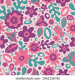 Cute spring 60s style pattern with graphic flowers, leaves and insects on pastel pink background. Funky and bright floral print, beetle, moths, retro style, cottagecore. Garden, summer party, for kids