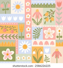 Cute spring abstract seamless pattern in patchwork style. Vector bright texture with plants and flowers. Hand-drawn illustration