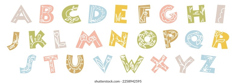 Cute spring alphabet alphabet. Letters with spring drawings with a white line on the letter. Flowers, branches, lines. Spring, summer. Spring decor on letters. A simple illustration