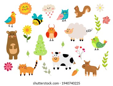 Cute spring animals and spring element collection .