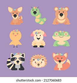 cute spring animals icon set