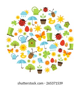 Cute spring background with icons representing spring activities, nature and freshness.