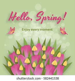 Cute spring background in paper art style. Vector illustration.