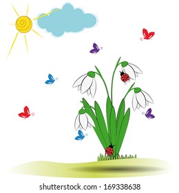 Cute spring background with snowdrops and butterfly