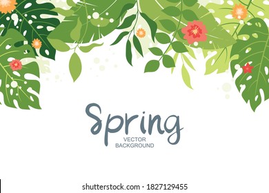 Cute spring background with tropical leaves and floral elements, simple and trendy with flat style