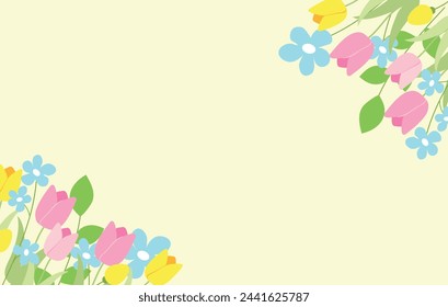 Cute spring background with tulips and other spring flowers. Springtime, greeting, gardening concept.