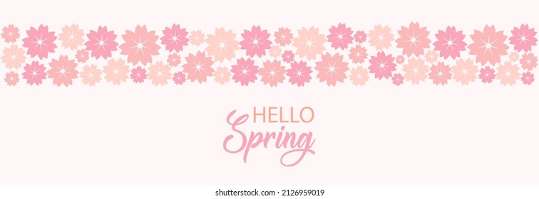 Cute spring banner with sakura flowers. Lettering "hello spring". Design elements for a poster, advertising, flyer, social media, wedding invitation, congratulations. Vector illustration in flat style