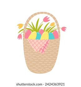 Cesta de primavera linda con huevos y flores de campo vector ilustración plana. Símbolo de cesta de Pascua