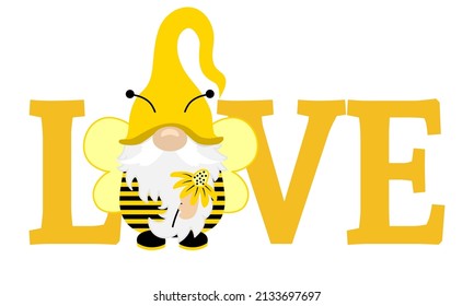 Cute Spring bee gnome with love text - hand drawn modern gnome  illustration. Perfect for advertising, poster, announcement or greeting card. Beautiful gnome in Honeybee costume. svg