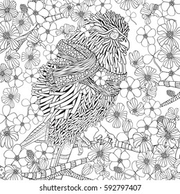 Cute spring Bird coloring book. Black and white. Beautiful and Fun Image to Color In.  Zentangle and doodle style.