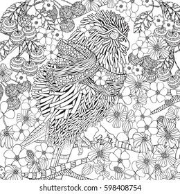 Cute spring Bird coloring book. Black and white. Beautiful and Fun Image to Color In.  Zentangle and doodle style