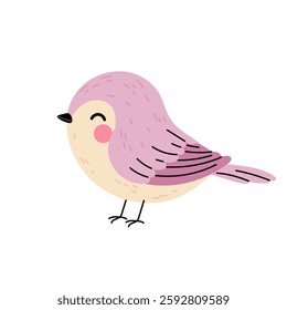 Cute spring bird. Little pink bird. Funny cartoon character, icon isolated on white background.