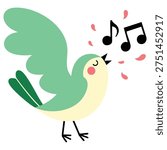 Cute spring bird with music notes little green bird singing song funny cartoon character vector icon