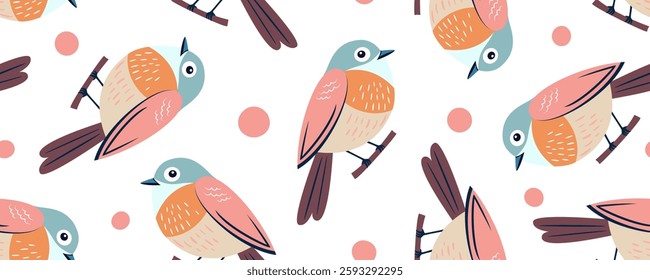Cute spring bird on a branch seamless pattern. White background. Vector illustration.