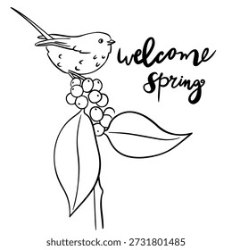 Pájaro lindo de la primavera en la ilustración de la rama, diseño de la tarjeta de la primavera de la bienvenida, ilustraciones florales de la Naturaleza