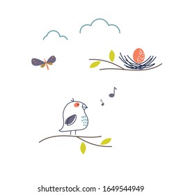 El pájaro elástico lindo canta para anidar ilustración vectorial.