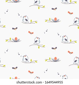Cute spring bird singing to nest vector seamless pattern illustration.