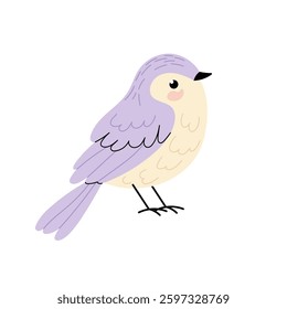 Cute spring bird in violet pastel colors. Spring. Adorable small bird. Flat illustration on white background.