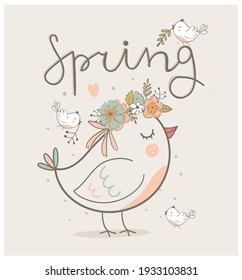 Cute Spring Bird With A Wreath And Little Birds. Hand Drawn Vector Illustration.