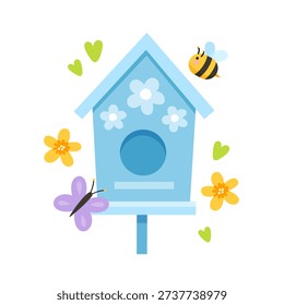 Cute Spring Birdhouse Illustration with Bee and Butterfly, Flat Cartoon Nature Design Isolated on White Background for Nursery Wall Art, Kids Room Decor and Preschool Classroom Poster.