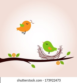 Cute spring birds building nest