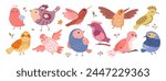 Cute spring birds characters flying and sitting on branches, surrounded with floral design elements. Vector birdie garden inhabitant collection with decorative flower blossoms and plant twigs