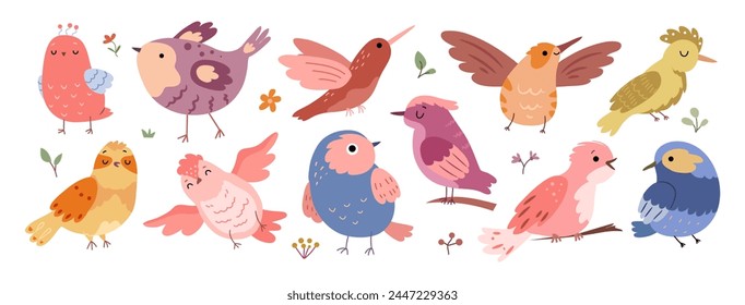 Cute spring birds characters flying and sitting on branches, surrounded with floral design elements. Vector birdie garden inhabitant collection with decorative flower blossoms and plant twigs