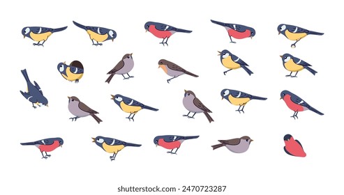 Lindos pájaros primaverales acuden a personajes de Vector de dibujos animados en 2D. Fauna silvestre. Adorables criaturas aviares de color plano animales de fondo blanco