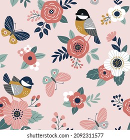 Cute Spring Birds And Flowers Seamless Vector Pattern. Perfect For Textile, Wallpaper Or Print Design. 