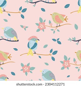 Cute spring birds and flowers seamless pattern