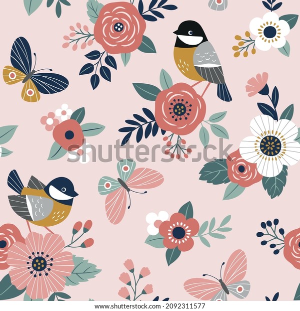 Cute spring birds and flowers seamless vector pattern. Perfect for textile, wallpaper or print design. 