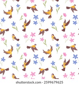 Cute spring birds and flowers vector seamless pattern. Simple hand drawn illustration. Minimalistic summer ornament on white background for print, wrapping, apparel, textile, packaging