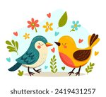 Cute spring birds with leaves and flowers. Cartoon illustration in childish style. Couple of colorful birds in love . Modern trendy happy character. Images are isolated on white. Vector illustration