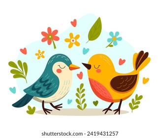 Aves de primavera con hojas y flores. Ilustración de caricatura al estilo infantil. Un par de pájaros coloridos enamorados. Moderno y moderno carácter feliz. Las imágenes están aisladas en blanco. Ilustración del vector