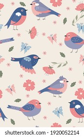 Cute spring birds seamless pattern. Vector graphics.