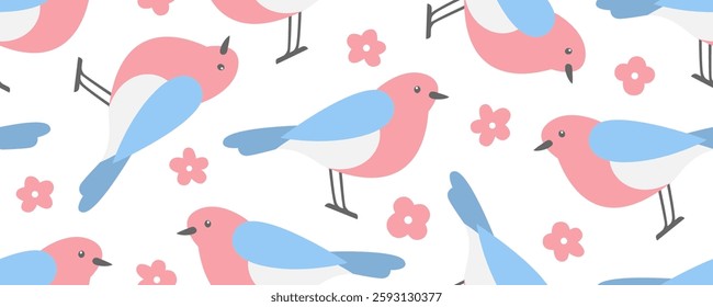 Cute spring birds seamless pattern. White background. Vector illustration.