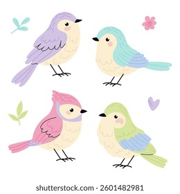 Cute spring birds. Set adorable small bird. Flat illustration on white background. Spring.	