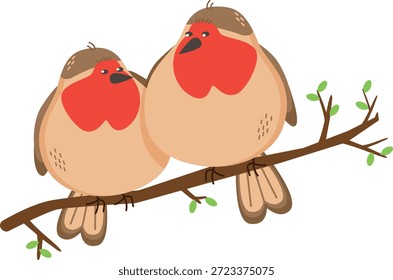 Pájaros lindos de la primavera que se sientan en una rama, Ilustración vectorial plana