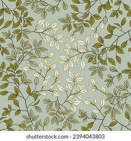 Cute spring botanical seamless pattern. Pencil hand drawn floral background with green leaves and branches