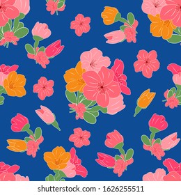 Cute spring bouquet of cherry blossoms. Hand drawn cherry blossom background. Japanese sakura pattern background. Valentines day, Wedding bouquet flowers, birthday bouquet flowers.