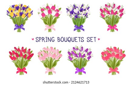 Cute spring bouquets set with tulips, irises and gypsophila with bright bows isolated on white background. 