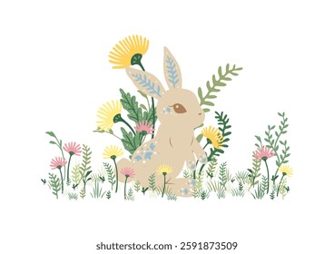 Cute spring bunny among wild flowers illustration series in beautiful art nouveau floral decorative style