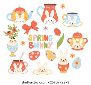 Cute spring bunny and Easter decoration clipart. Isolated springtime holiday, tea party elements with rabbit decor, eggs, teapot, cup, flowers on white background. Vector Flat illustration