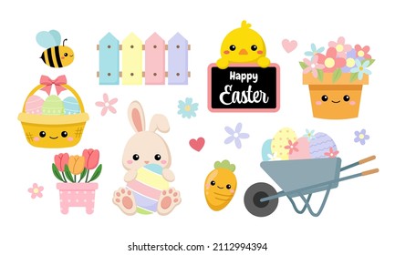 Cute spring bunny Easter holiday object collection. Flat vector cartoon design