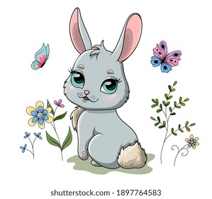 Cute Spring Bunny In Garden With Flowers And Flying Butterflies. Cartoon Hand Drawn Vector Illustration.