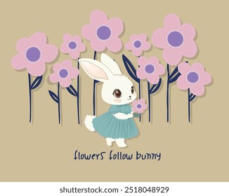 Cute Spring Bunny in garden.Cute White Bunny Girl wreath of flowers. Can be used for t-shirt print, kids wear fashion design, baby shower invitation card.Happy Easter vector card. Rabbit illustration.