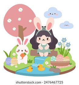 Cute Spring Bunny and Girl with Easter Eggs Illustration.Adorable Easter Scene with Bunnies, Eggs, and Ducks.Cartoon Landscape Featuring Bunnies and Easter Decor.