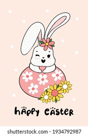 Cute Spring Bunny auf floralem Osterei Happy Spring Oster, süße Cartoon-Doodle-Zeichnung, Vektorgrafik