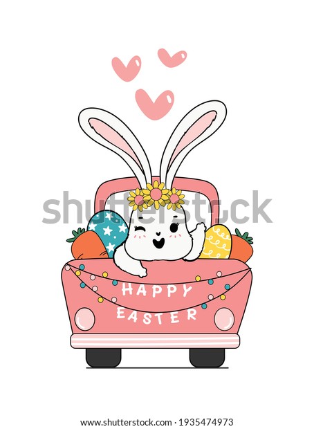 Cute Spring Bunny on pink car truck with Easter\
egg and carrots, Happy Easter, cute cartoon doodle drawing\
illustration vector.